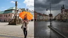 Náměstí za slunečného a deštivého počasí, žena s oranžovým deštníkem, kontrast počasí.