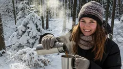 Mladá žena v zimním lese nalévá horký nápoj z termosky, usmívá se do kamery.